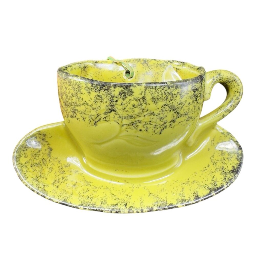 Vintage USA Pottery Wall Pocket Wall Decor Green Speckled Glaze‎ Teacup Shaped